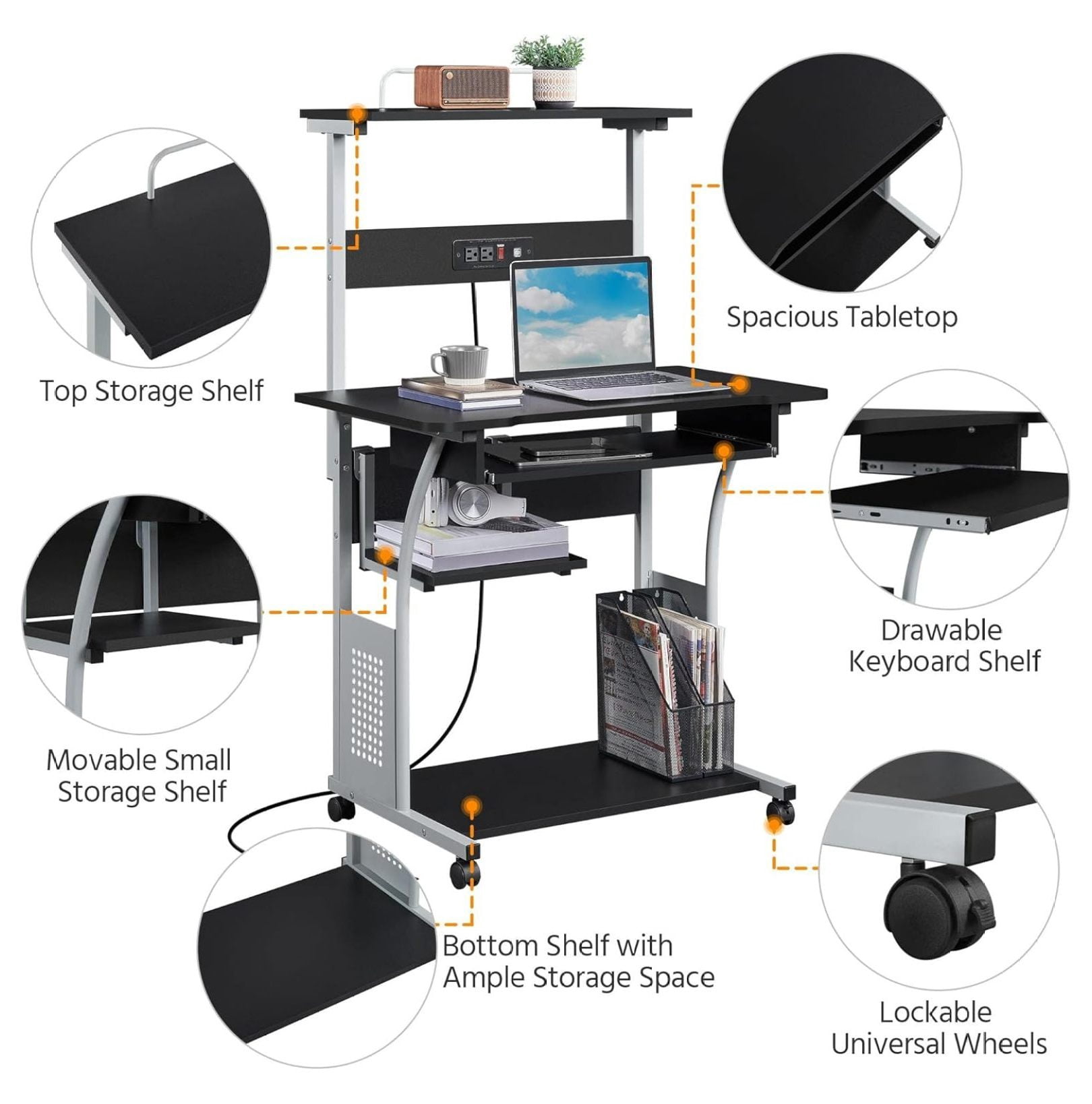 Rolling Computer Desk with Charging Station and 2 USB Ports for Small Space, Study Writing Desk with Keyboard Tray and Printer Shelf for Home Office, Compact Study Table with Wheels, Black