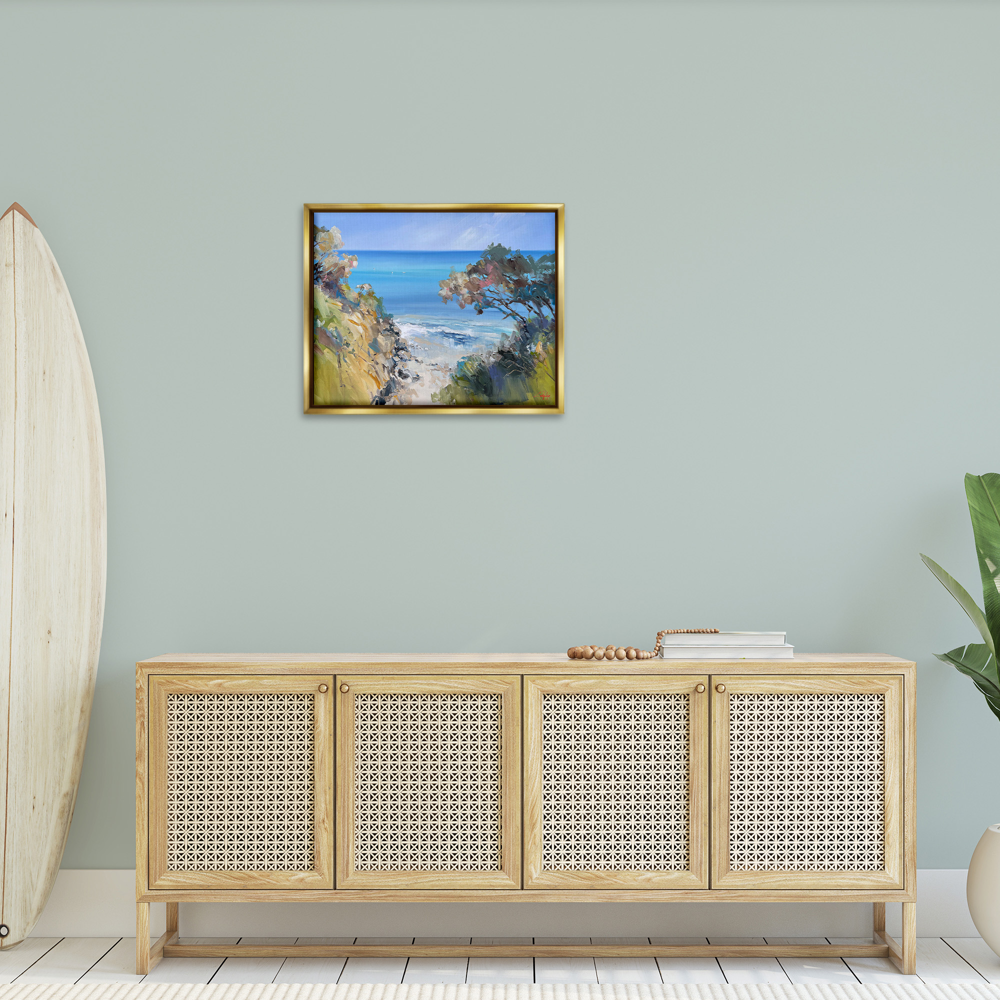 Stupell Industries Beach Cliffs Abstraction Landscape Painting Gold Floater Framed Canvas Art Print Wall Art, 31 x 25