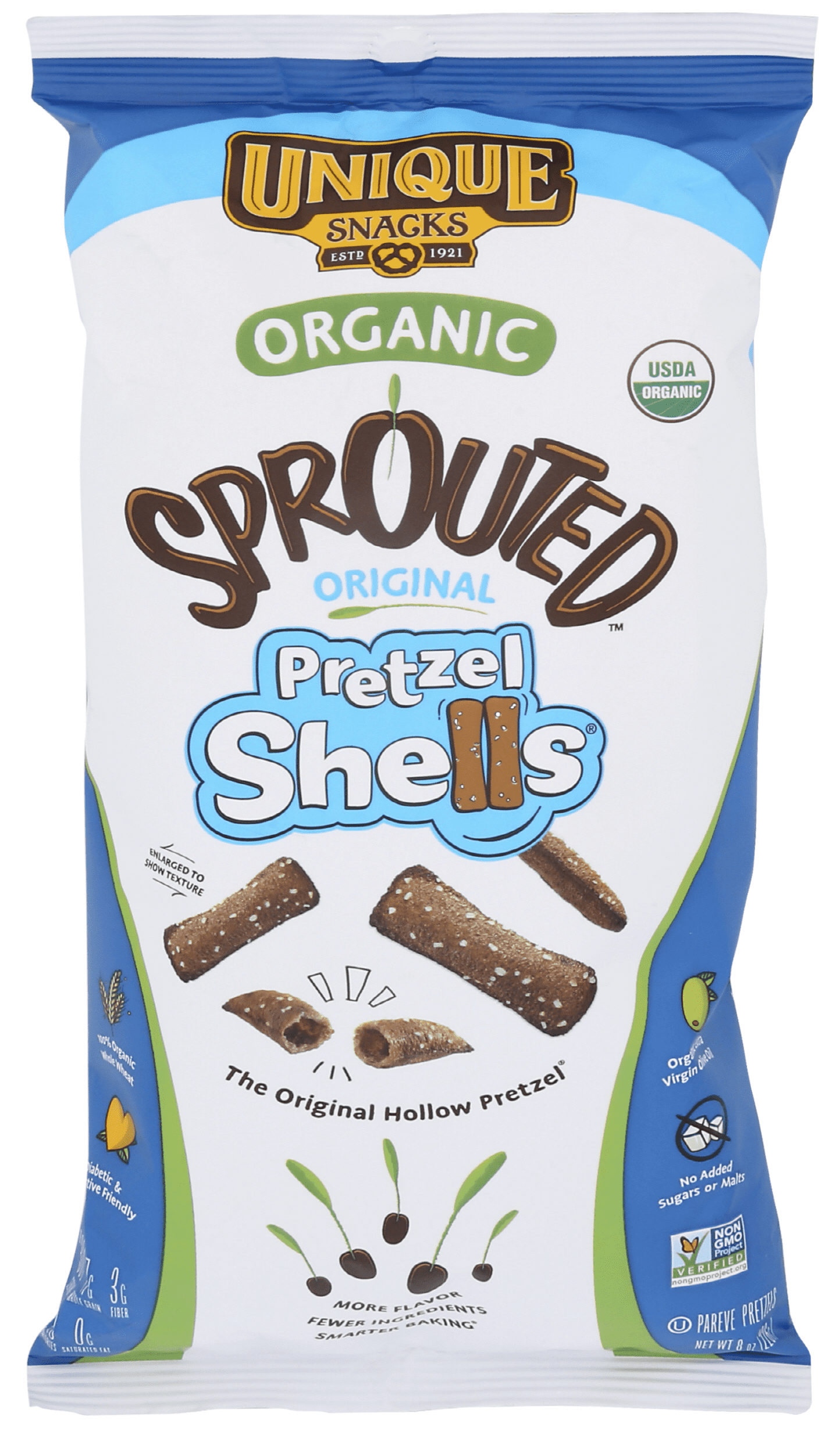 Unique Snacks - Unique Pretzels Sprouted Shells, Vegan, Homestyle Baked, Certified OU Kosher and Non-GMO, 8 Ounce Bag (Pack of 6)