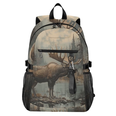 JIALIOU 14 Laptop Backpack Waterproof Airline Approved Stylish Casual Daypack for Travel Business College Work Elk at Water Edge in Forest
