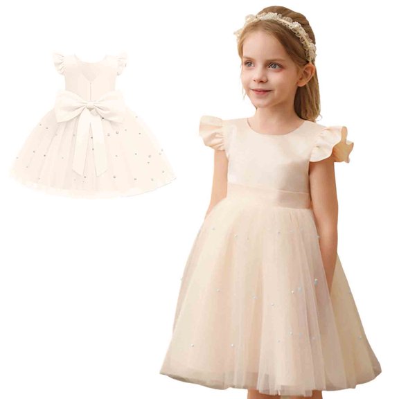 Girls Dress Sleeveless Beige Dress V-Back with Big Bow Dress for Girls Hawaiian Dresses for Girls 3T