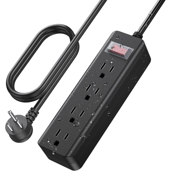 Outdoor Waterproof 6 FT Flat Plug Extension Cord Power Strip,1500J Surge Protector Weatherproof Indoor Exterior Multiple Outlet, 6 Foot Extra Long, 3 Prong, 4 Outlets, Black. (Black, 6FT)