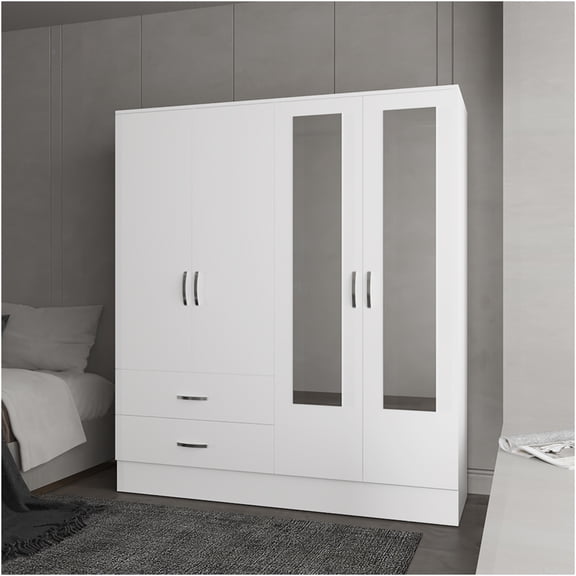 JERFIT White Double Door Armoire with Mirrors, Bedroom Wardrobe Closet with 3 Shelves & 2 Drawers for Storage