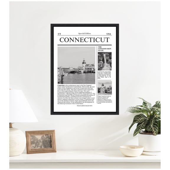 Kate and Laurel Framed Canvas Wall Art Print Connecticut Article by Megan Ryan, 18 x 24 Sylvie Black Frame, Modern Contemporary, Typography Art for Wall Decor