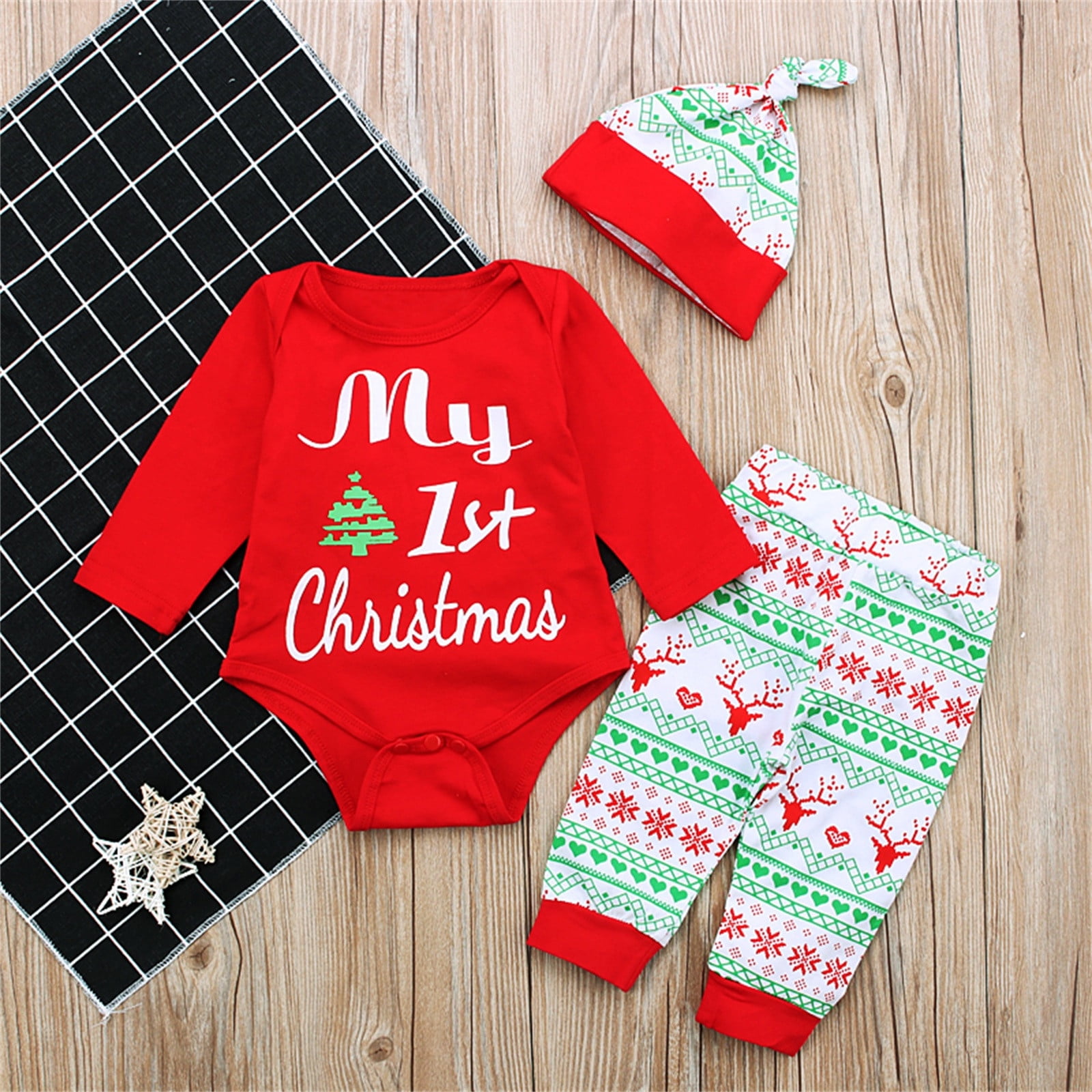 Otqutp Baby Boys Girls Pajamas Christmas Letter Long Sleeve Romper Deer Pants Hat Outfits Clothes Set Loungewear Sleepwear for 0 to 18 Months
