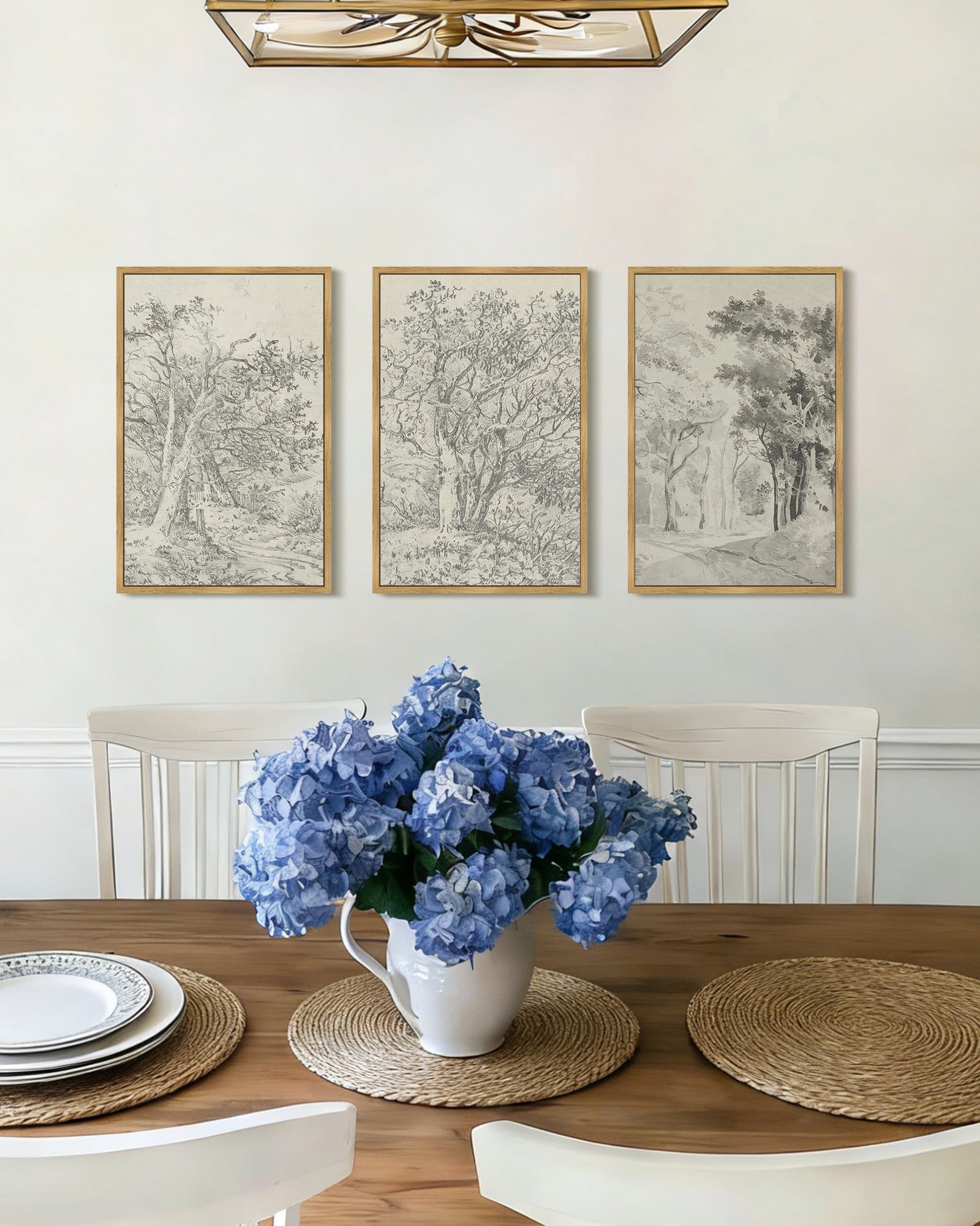 SHENIFY Vintage Tree Wall Art 16x24in3pcs Natural Framed Retro Forest Paints Nature Wilderness Sketch Wall Painting Modern Landscape Decor