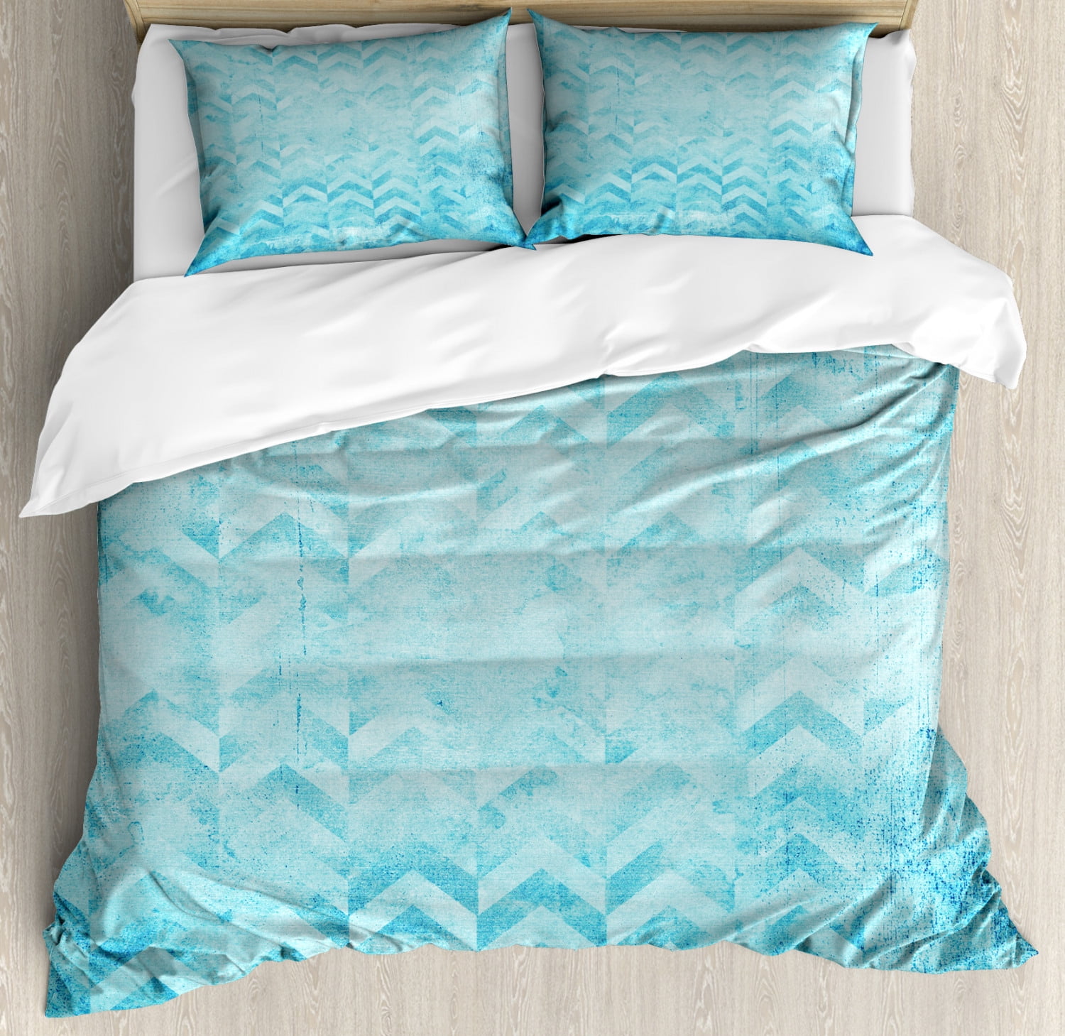 Turquoise Duvet Cover Set Queen Size, Geometric Design Chevron Patterns