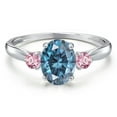 thumbnail image 3 of Gem Stone King 10K White Gold Persian Blue Moissanite and Pink Lab Grown Diamond 3-Stone Ring for Women | 1.64 Cttw | Oval 8X6MM | Gemstone Birthstone | Size 5, 3 of 6