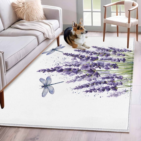 Purple Lavender Area Rug 3x5 FT, Non Slip Entryway Bedside Carpet, Pastoral Botanical Floral Dragonfly Washable Floor Carpet Indoor Mat Non-Shedding Throw Rug for Dorm Kitchen Home Office