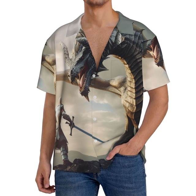 Fotbe Swordsman Cool Dragon Camisa Estampada de Manga Corta para Hombre, Casual de Verano, Estilo Playero, Sin Arrugas-4X-Large