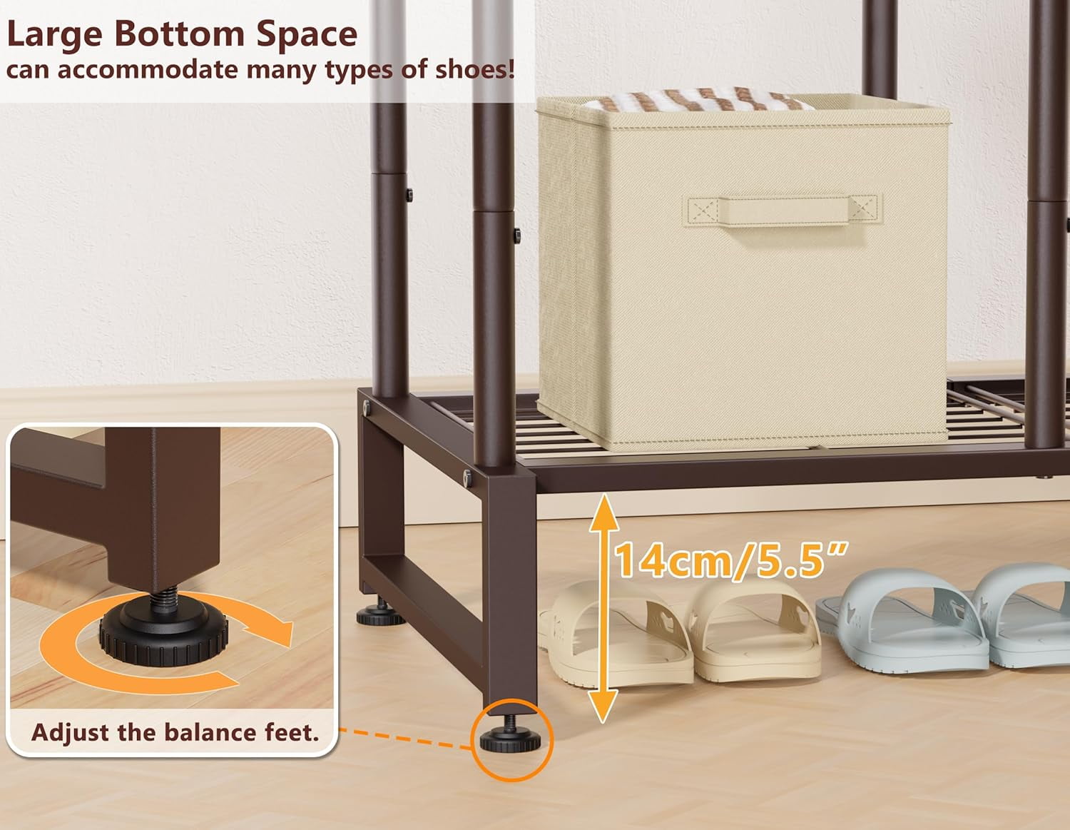 Double Rods Clothes Rack Clothing Rack with  Storage Shelves Clothes Rack for Hanging Clothes Multifunctional Heavy Duty Clothes Organizer with Hooks for Bedroom,Wardrobe Closet,Shop