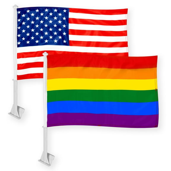 G128 Combo Pack: American USA Car Flag & LGBT Rainbow Pride Car Flag 11x17 In | Both Double Sided Printed 150D Polyester | Flagpole Included | Perfect for Festival Celebrations, Parades