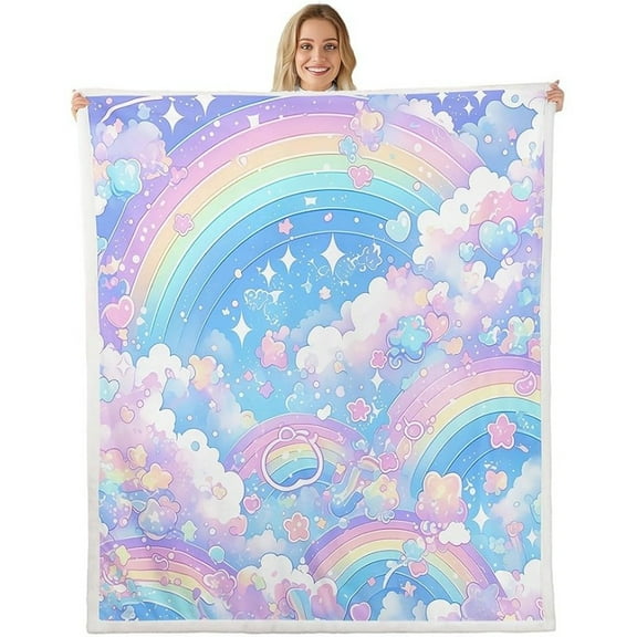 Rainbow Fleece Throw Blanket Rainbow Cloud Print Blanket for Room Decor Rainbow Pink Plush Blanket Soft Fuzzy Blanket for Sofa Bed Couch 152.4cm x 203.2cm