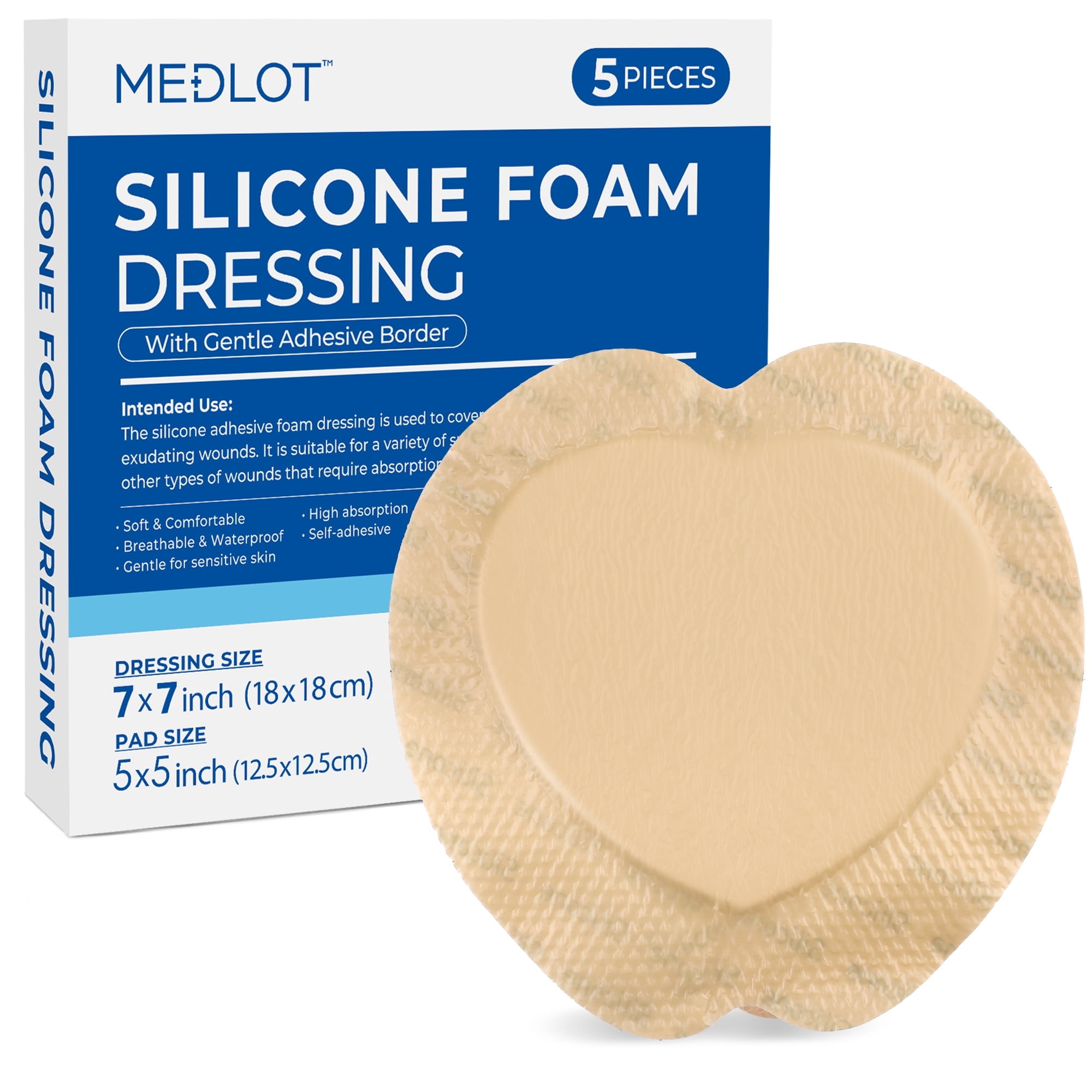 LotFancy Silicone Foam Dressing, 7"x 7", 5 Ct, Bordered Waterproof Sacral Wound Dressing