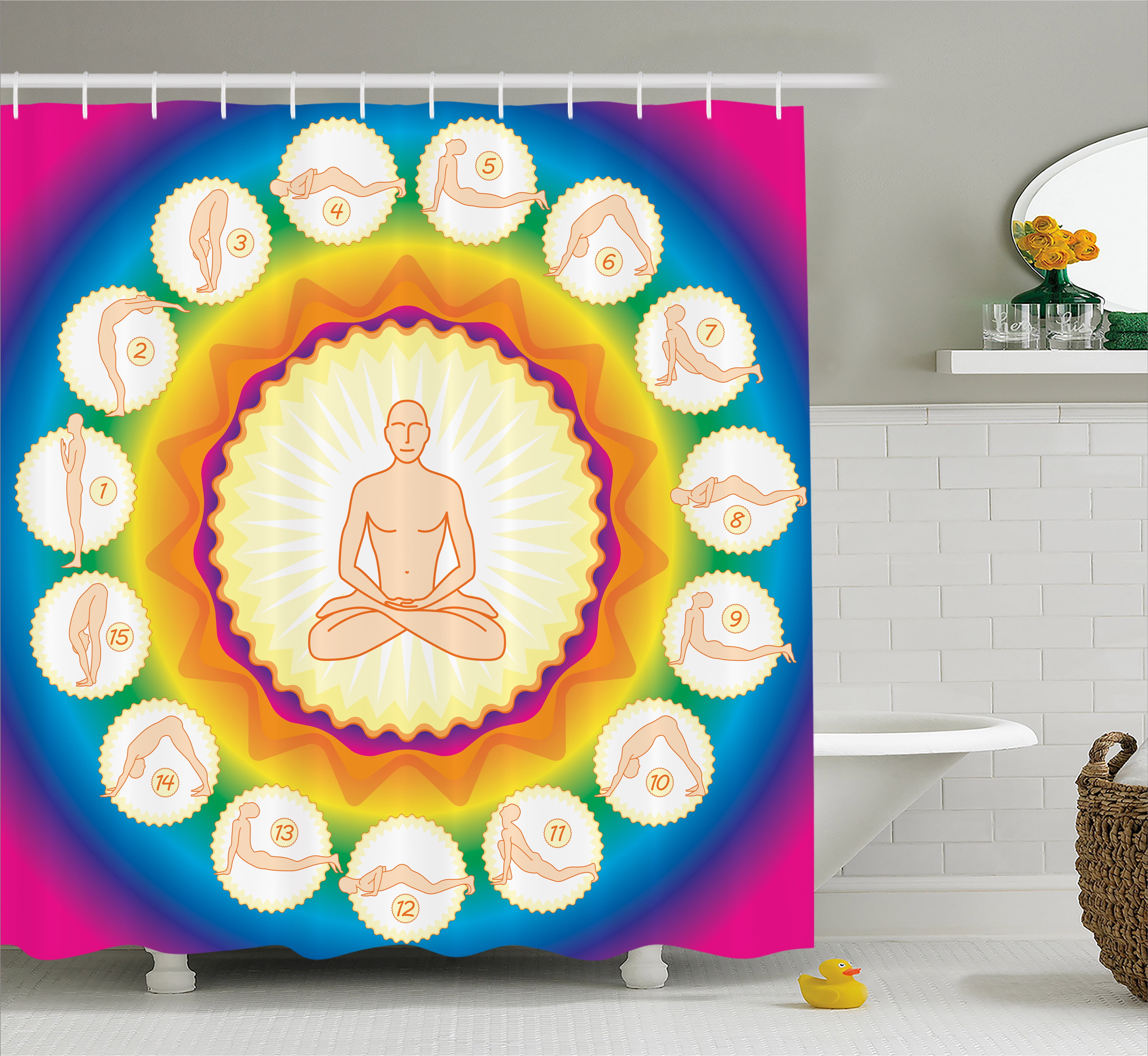 Yoga Shower Curtain, Yogi in The Lotus Posture and Exercises in Several