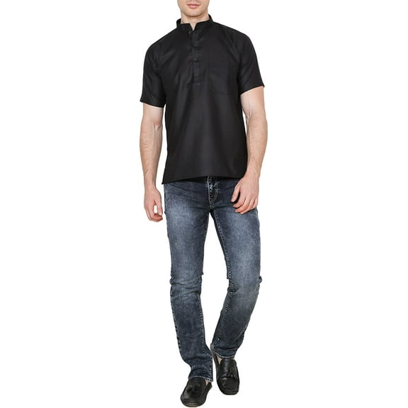 Royal Kurta Men's Cotton Linen Short Sleeve Kurta - Black; 42