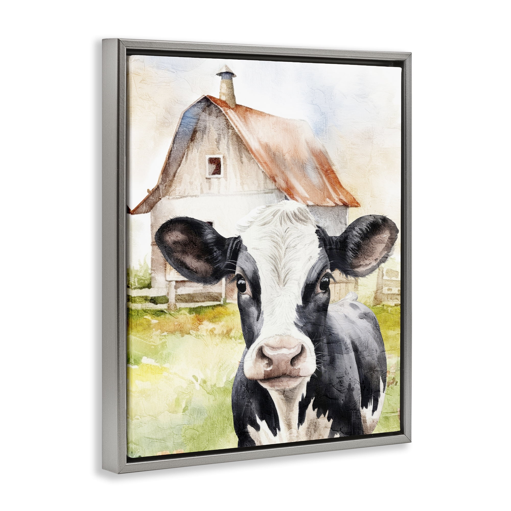 Stupell Industries Cow Little at Farm Animals Painting Gray Floater Framed Canvas Art Print Wall Art, 17 x 21