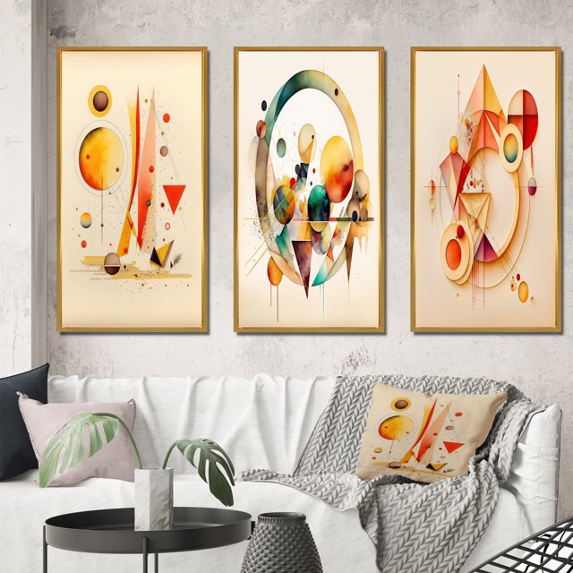 Designart "Vivid Geometric Orange and Yellow I" Modern Framed Wall Art Set Of 3 - Yellow Abstract Geometric Frame Gallery Set For Office Decor