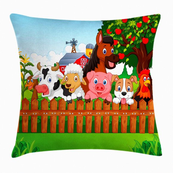 Farmyard Friends Decorative Pillow Cover - Cartoon Animals on Fence Design - Square Cushion Case - 16" X 16" - Green Brown - Farmhouse Decor - Dog Cow Horse Mascots