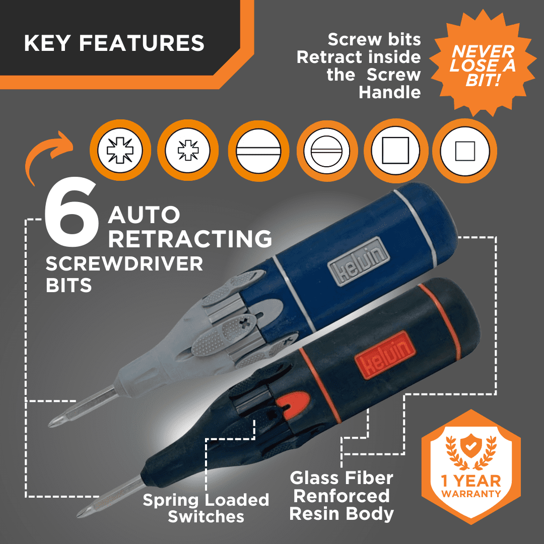Kelvin Tools Retractor Auto Advance – Automatic Multi-Bit Screwdriver, 6-in-1 Autoloader Tool with Spring-Loaded Lock System, Compact Multitool for Men and Women, Made in North America