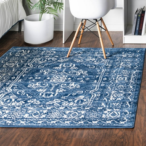 Unique Loom Boston Collection Area Rug - Medallion (5' 3" Square Blue/Ivory)