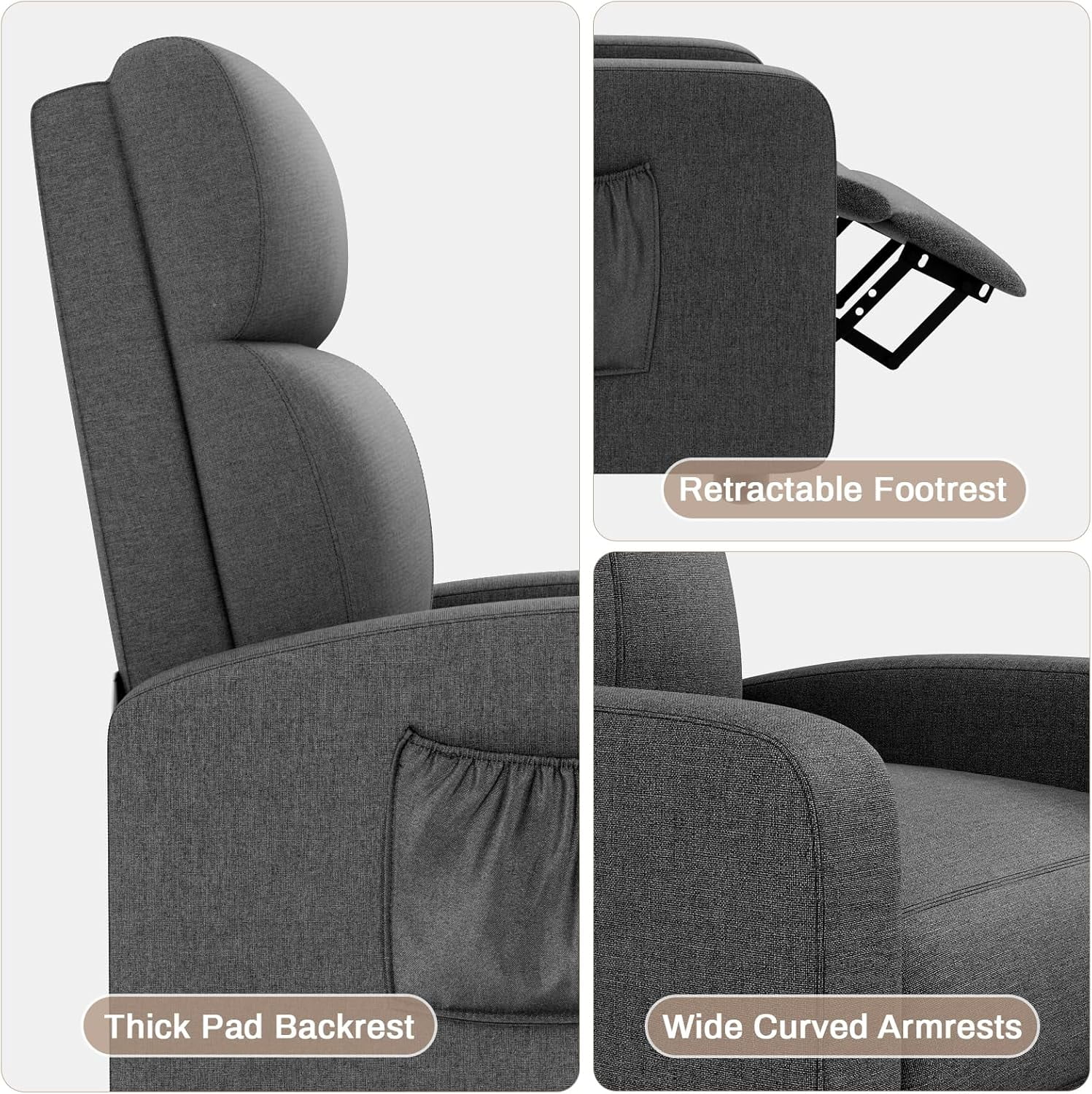 TLSUNNY Recliner Chair with Side Pocket, Adjustable Backrest & Footrest Linen Fabric Sofa, for Living Room,Home Theater