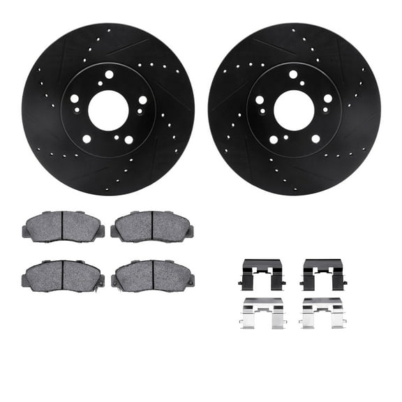 Dynamic Friction Company Front Brake Rotors-Drilled and Slotted-Black with 5000 Euro Ceramic Brake Pads includes Hardware 8612-59004