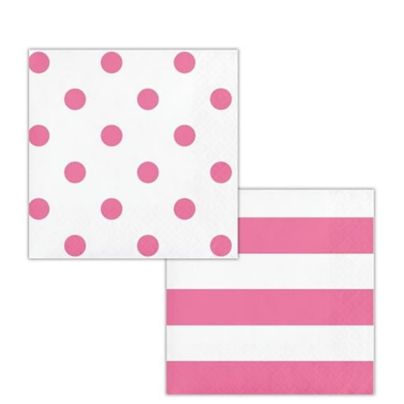 Creative Converting Dots & Stripes Candy Pink Paper Beverage Napkins, 16/Pkg
