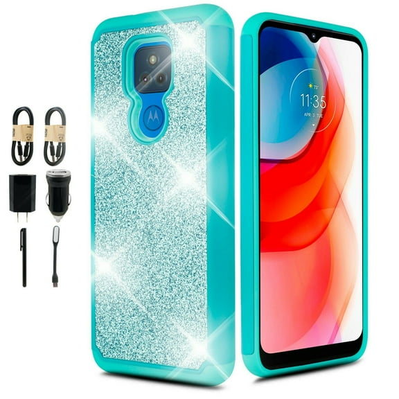 Value Pack for Motorola Moto G Play 2021 with Temper Glass Hard Case Hybrid Cell Phone Glitter Shock proof Edge Slim Bumper Scratch Cover