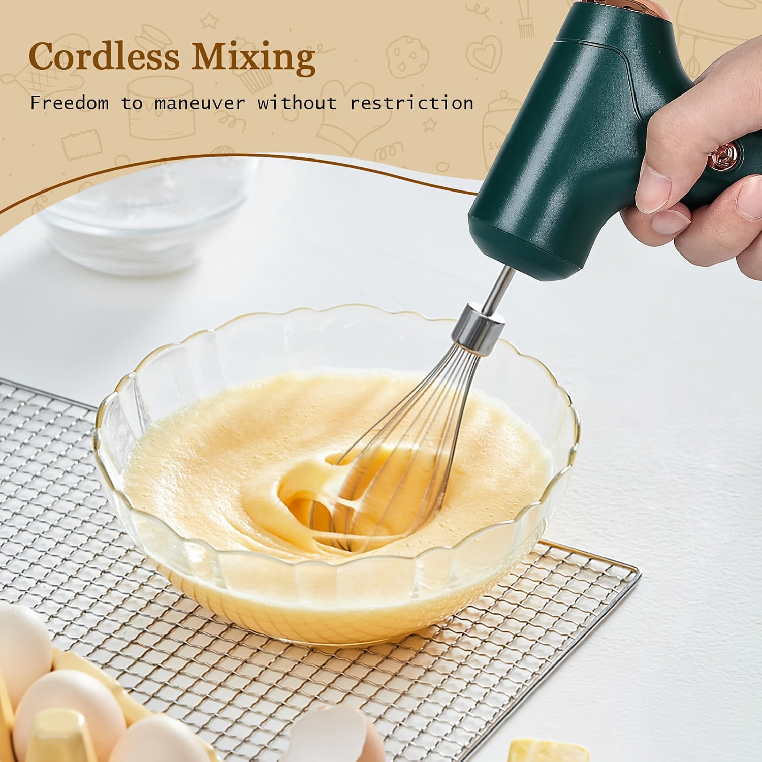 Cordless Electric Hand Mixer USB Rechargeable 304 Stainless Steel 3 Speed Modes Detachable Stir Whisks Portable Kitchen Baking Tool