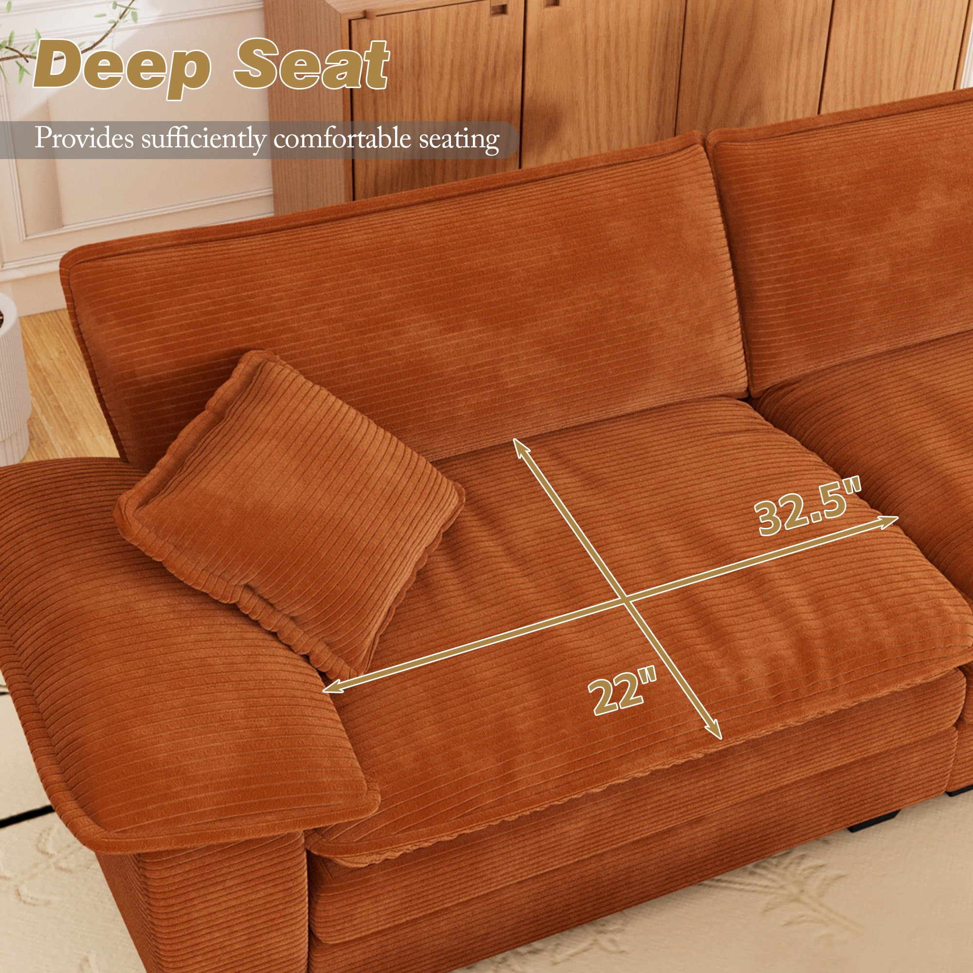Muumblus 80.5" Corduroy Loveseat Sofa, Oversized Upholstered 2-Seater Fluffy Cloud Sleeper Couch for Living Room/Apt, Orange