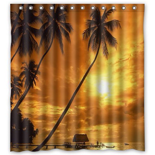 HelloDecor Sunset Beach Palm Tree Shower Curtain Polyester Fabric