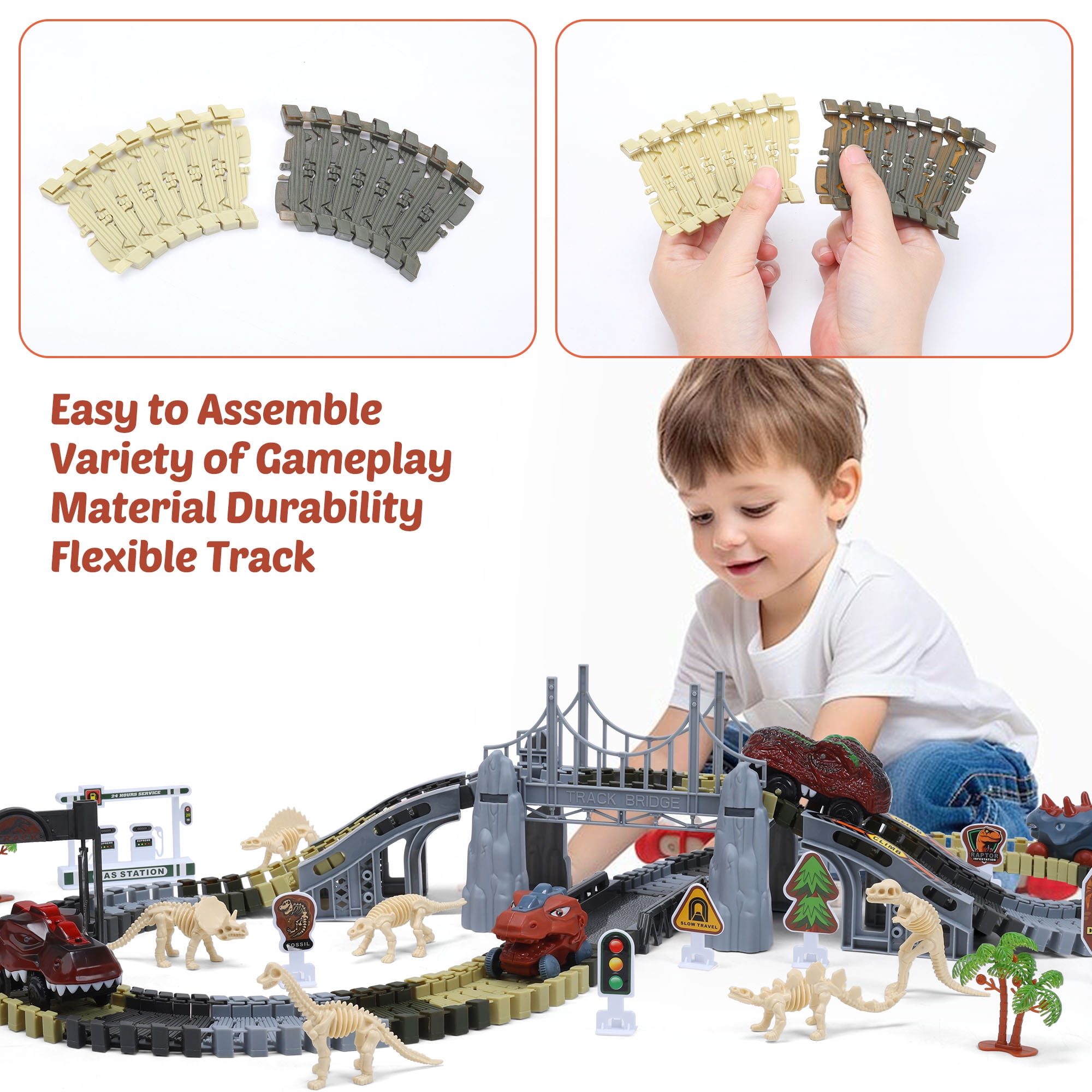 Dinosaur Race Track Toys for Kids , Flexible Train Tracks Set 187 Pcs with Dino Cars, Toy for Boys 3 6 Years Old, Christmas Birthday Gifts for Children