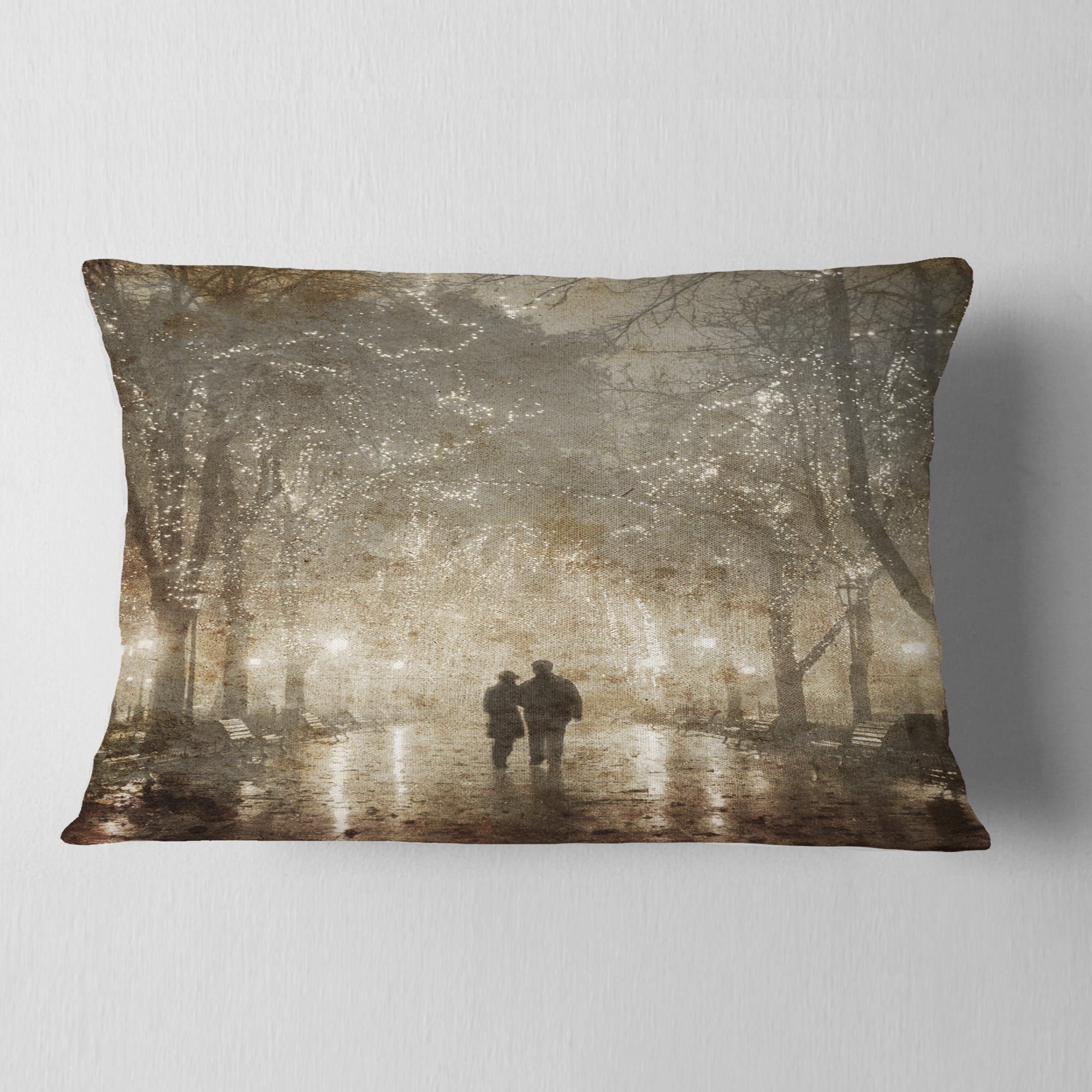 Designart Couple Walking in Night Lights - Landscape Photography Throw Pillow - 12x20
