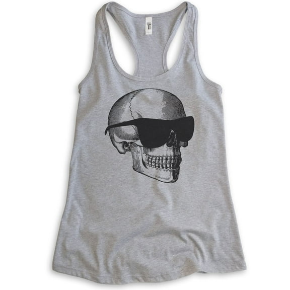 Skull With Sunglasses Tank Top, Ladies Racerback Tank Top, Halloween Tank, Skull Graphic Tank, Heather Gray, X-Large