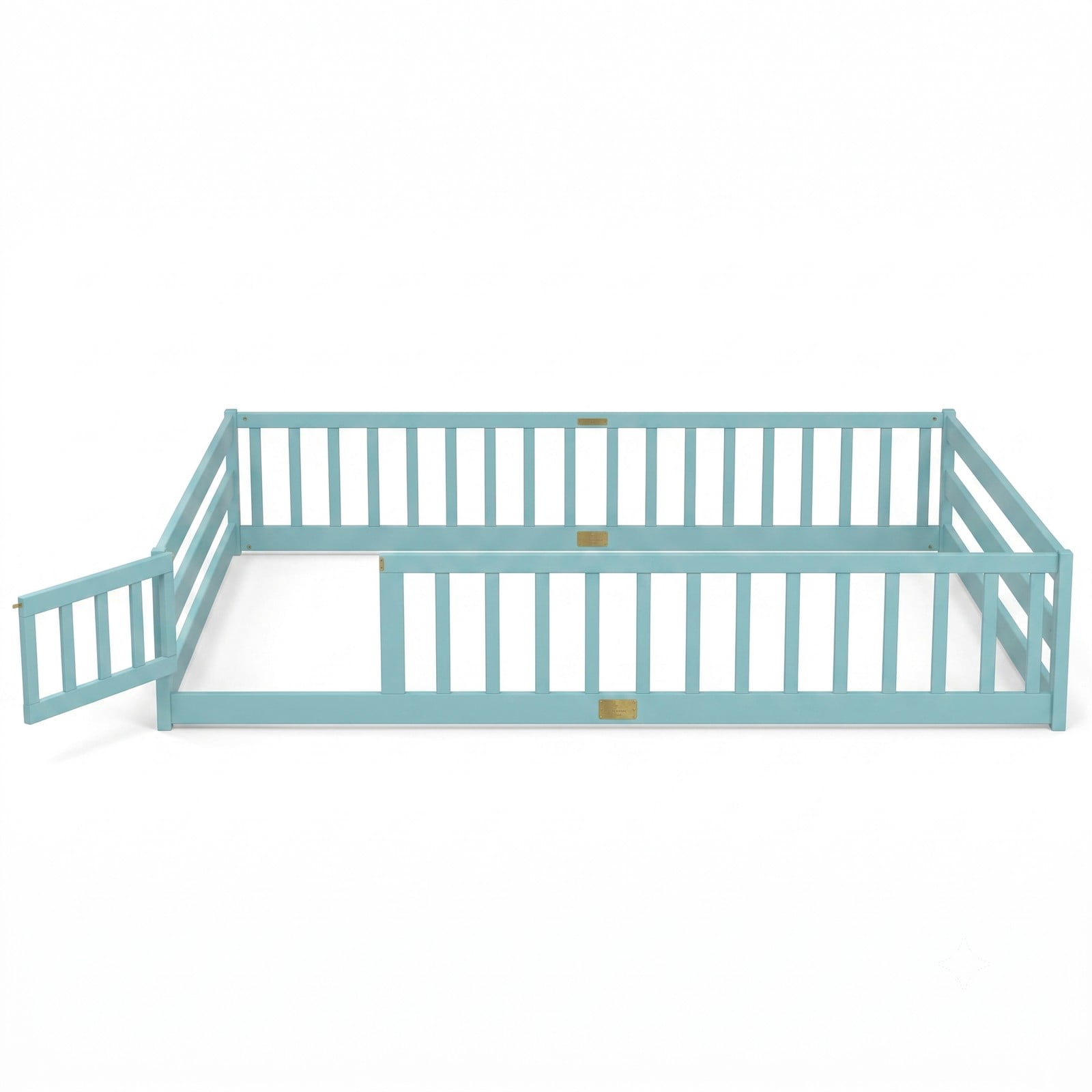 Furnibear Queen Size Wood Montessori Floor Bed Frame with Full Length Guardrails and Lockable Gate, Queen Bed Frame for Kids Bedroom, Aqua