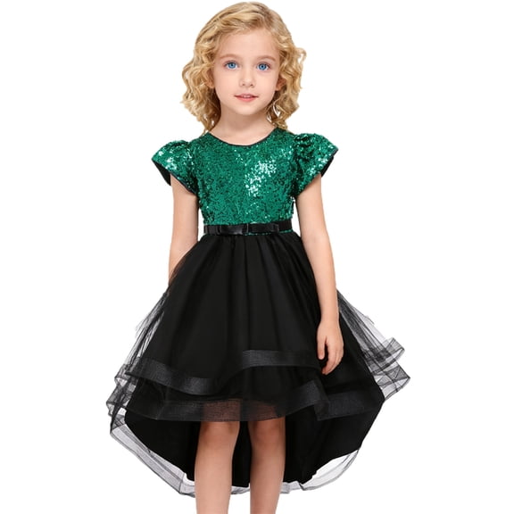 WMQPNNS Girls Sequin Party Formal Dress Wedding Guest Sparkle Birthday Tutu Dress High Low Prom Dresses Photoshoot Dresses, Dress for Age 9-10 Years, Green