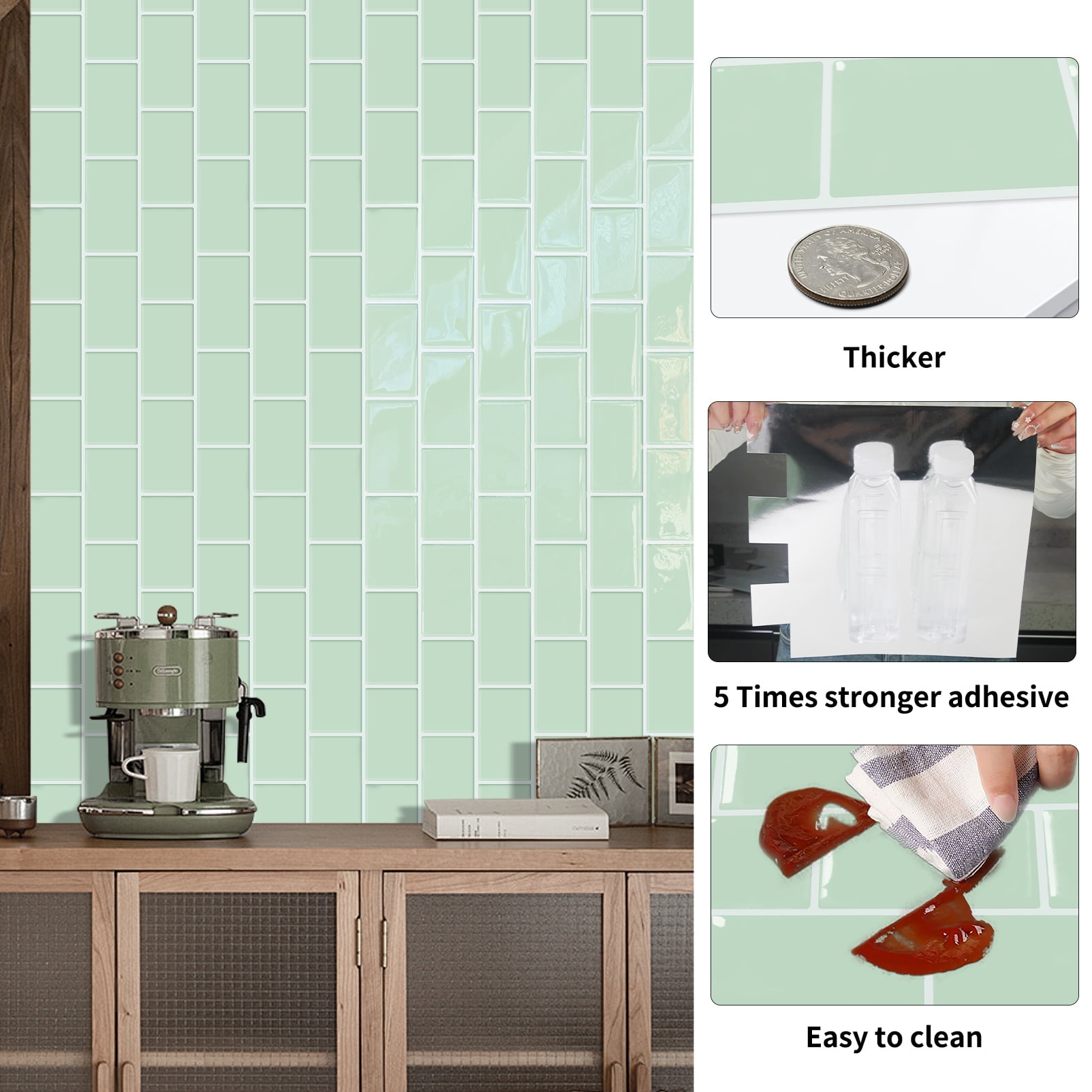 DEWOO Peel and Stick Backsplash - 10 Sheets of 12"×12" - 3D Adhesive Peel and Stick Tile Backsplash for Kitchen, Bathroom, Wall Tile, Light Green