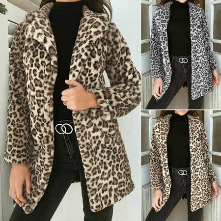 Leopard Fur Coat Multitrust Women Winter Warm Leopard Print Jacket Coat Faux Fur Outwear Lady Overcoat ()