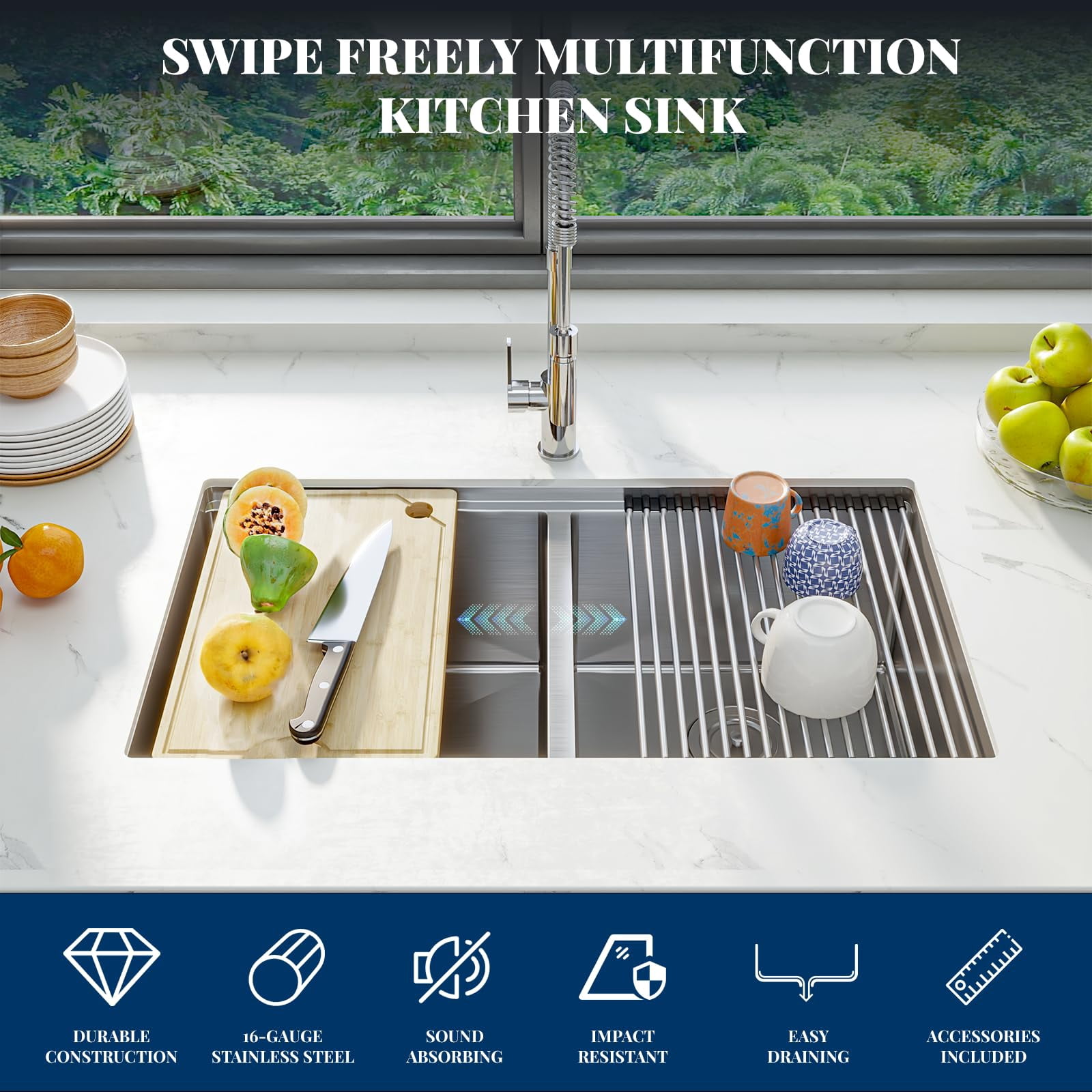 DSstyles Workstation Double Bowl Undermount Kitchen Basin 33x19x10 Inch – 304 Stainless Steel,Bamboo Cutting Board, Drain Basket,Bottom Grid, Drainer,Roll-Up Rack–Double basin with steps 33*19*10"