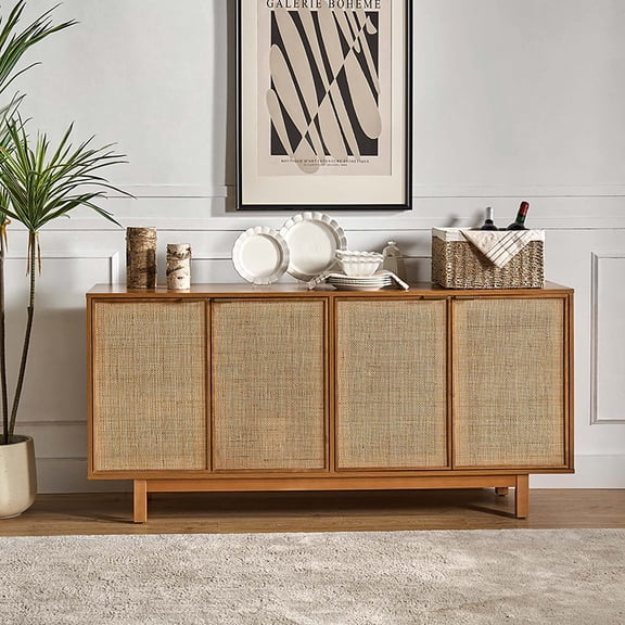 Tina's Home Modern Rattan Buffet Sideboard with 4 Doors, Bar Cabinet with LED Light and 4 Adjustable Shelves Walnut