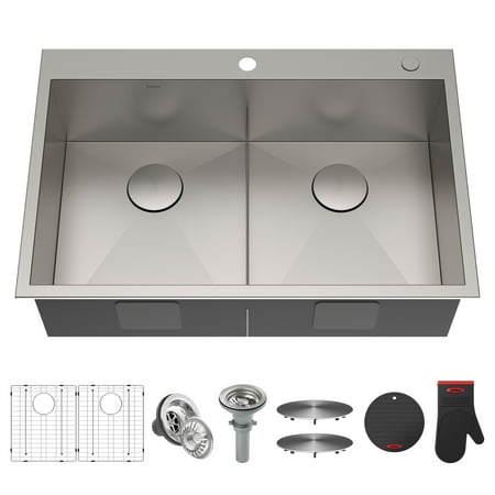 KRAUS 33 x 22 inch Pax™ Drop-In Topmount 16 Gauge Zero-Radius Double Bowl 2-Hole Stainless Steel Kitchen (The Best Stainless Steel Sinks)
