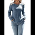 thumbnail image 1 of Camisa Informal de Cuello Redondo para Mujer, Blusa de Encaje con Retazos, Suéteres Tipo Jersey, Túnica de Larga de Color Liso. Azul S, 1 of 7