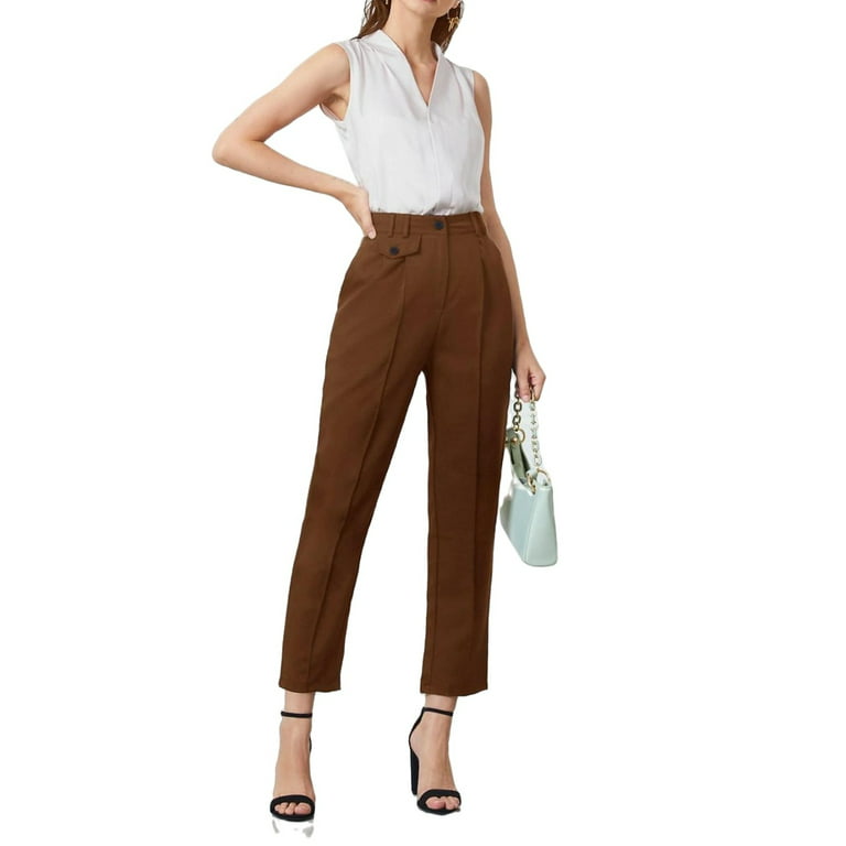 Coffee Brown Solid Pocket Pants High Suit Women\'s Waist