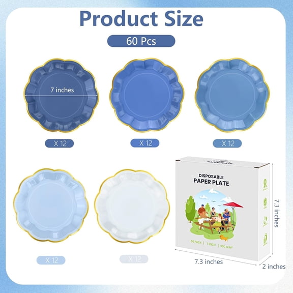 YUYAN-60 PCS Dusty Blue Scalloped Party Plates, 7 Inch Gradient Blue Dessert Plate, Disposable Gold Foil Border Paper Plates for Birthday Bridal Baby Shower Wedding Party Supplies