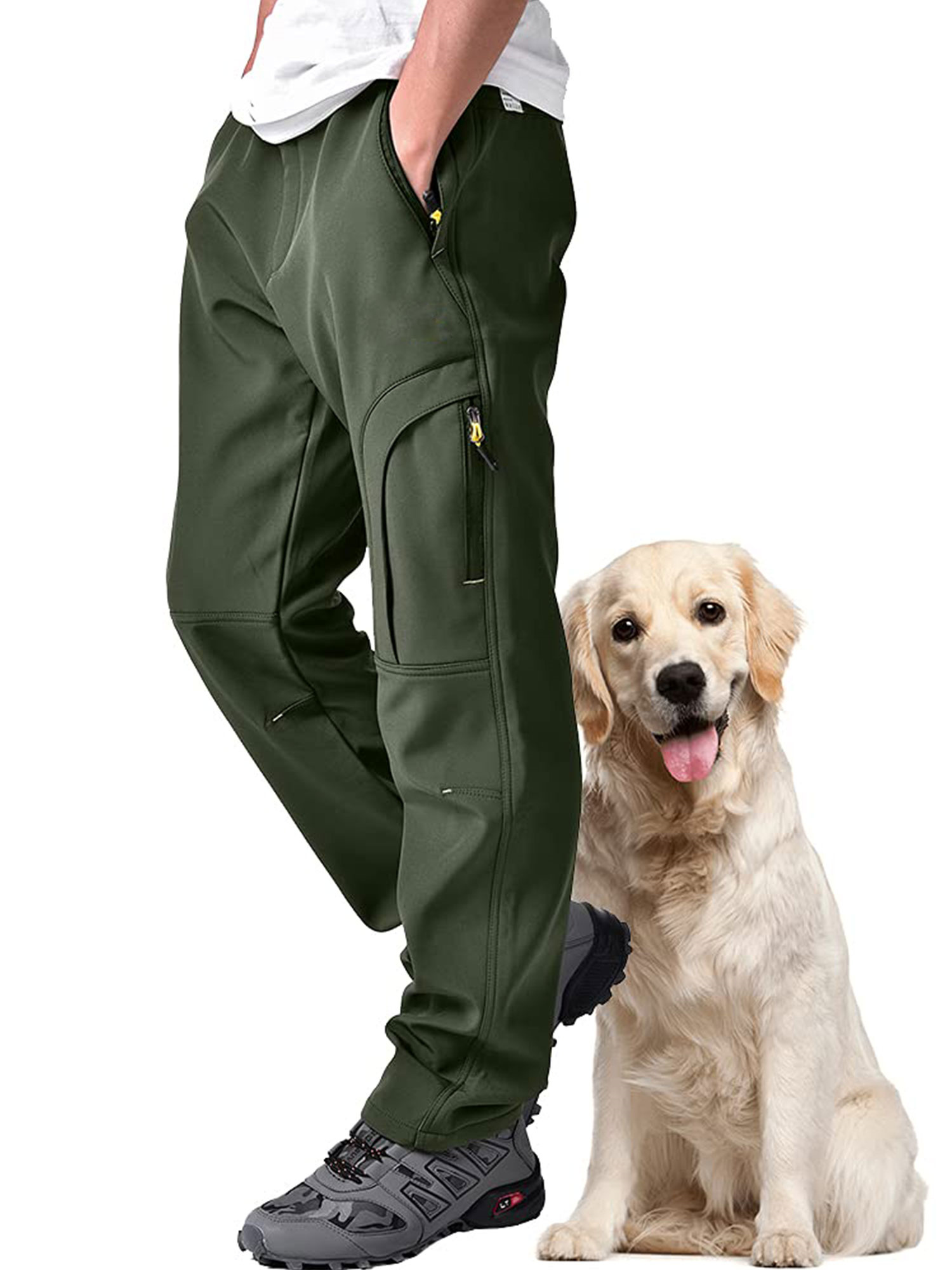 POENTAB Winter Work Pants for Men Fleece Lined Waterproof Insulated Snow Ski Pants for Outdoor Hiking Hunting Clothes Green 30