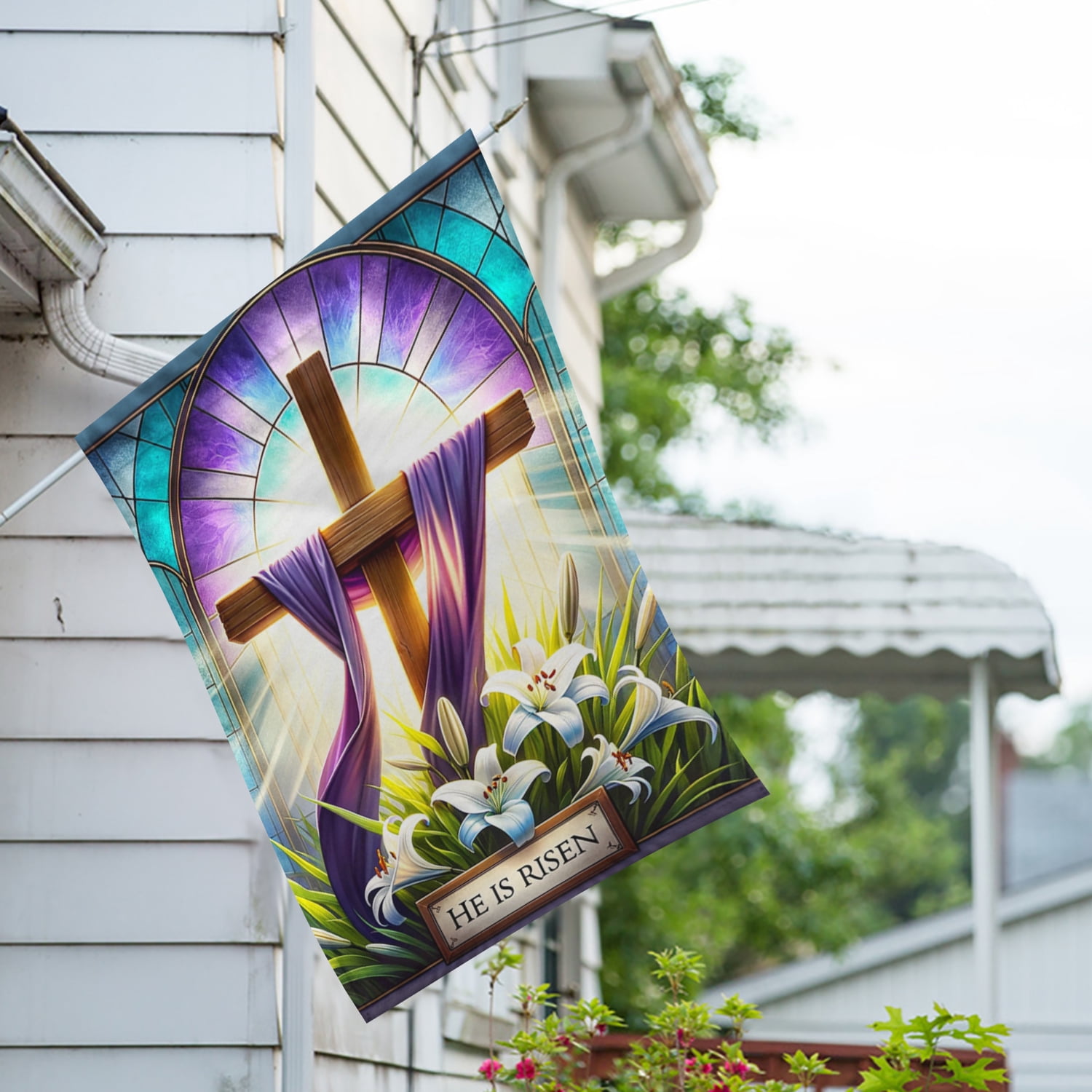 America Forever He is Risen Spring Easter House Flag, 28 x 40 inch Double Sided, Easter Cross and Lilies, Religious Easter Day Flag Christian Home Decor for Spring Outdoor and Outside Decoration