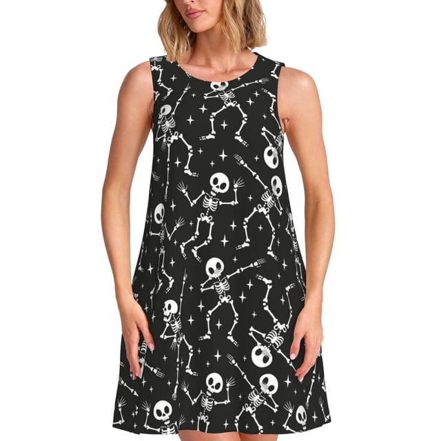 Balery Retro Skeleton Dancing On Halloween Party Vestidos de verano para mujer con estampado: vestido holgado sin mangas, vestido playero informal y cómodo para días calurosos.
