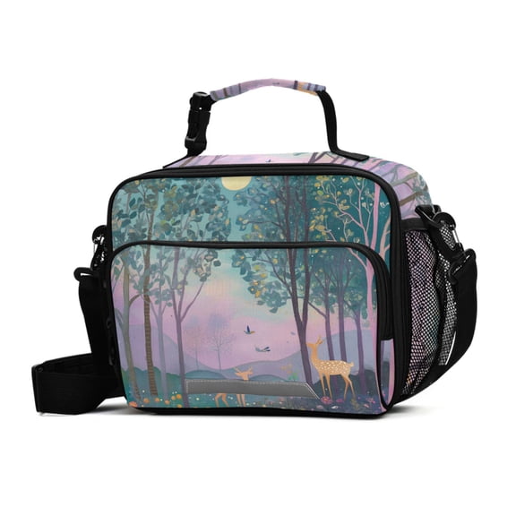 FORMRS Student Insulated Lunch Bag with Shoulder Strap Reusable Cooler Box for School, Purple Forest Scene