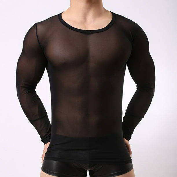 Men's See-Through Mesh Long Sleeve Muscle T-Shirt Tops Gym Workout  Undershirts